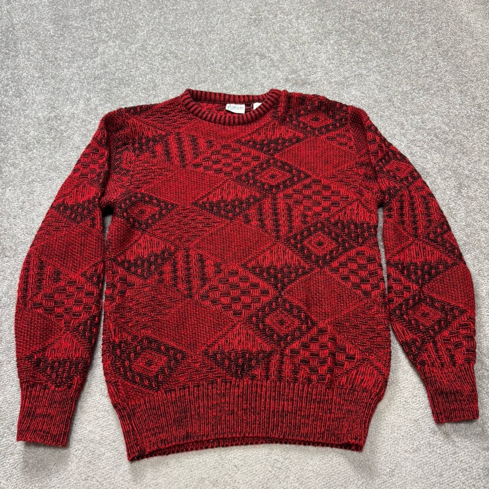 Vintage 80s Italian Wool Blend Sweater Men's Small Red Black Pattern Maglificio
